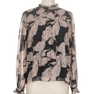 MELLODAY Black Pink Floral Gold Accents Blouse Top Flowy Boho Size Medium NWT